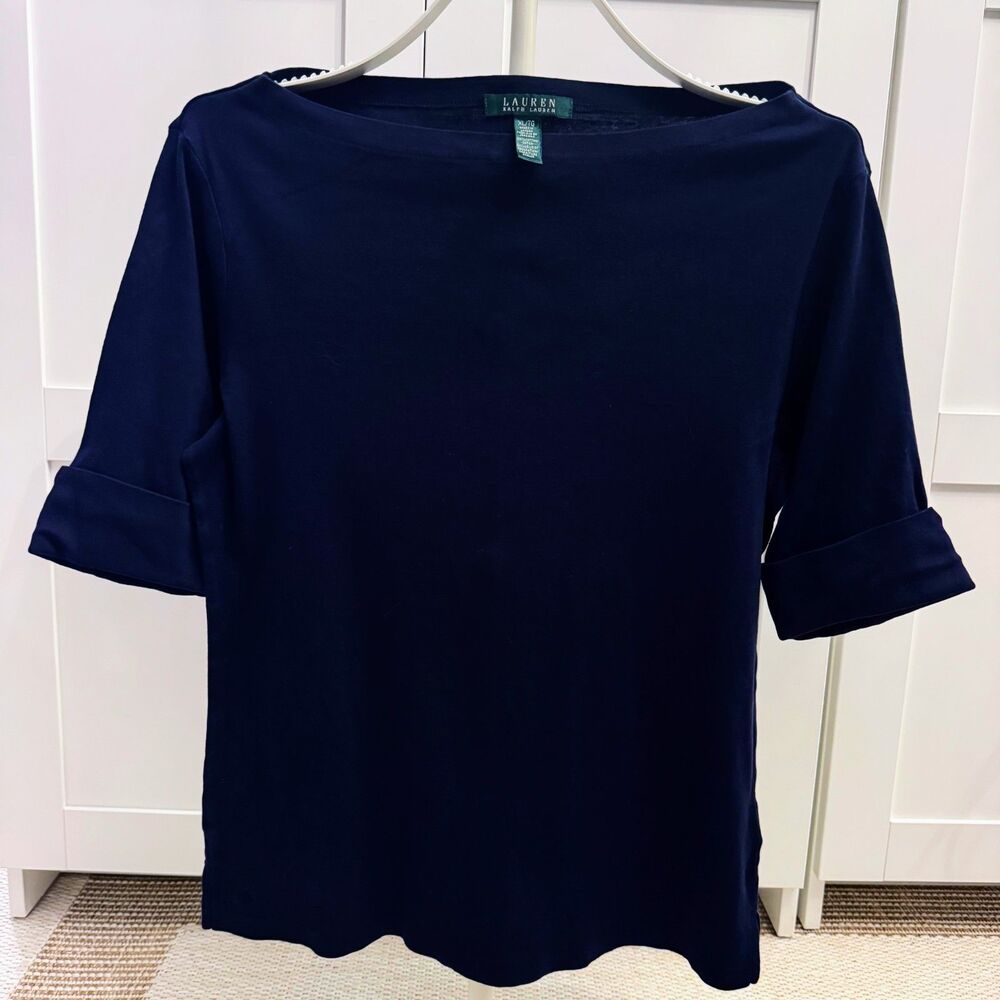 LRL Lauren Ralph Lauren Navy Boatneck 3/4 Sleeve 100% Cotton Shirt Size XL